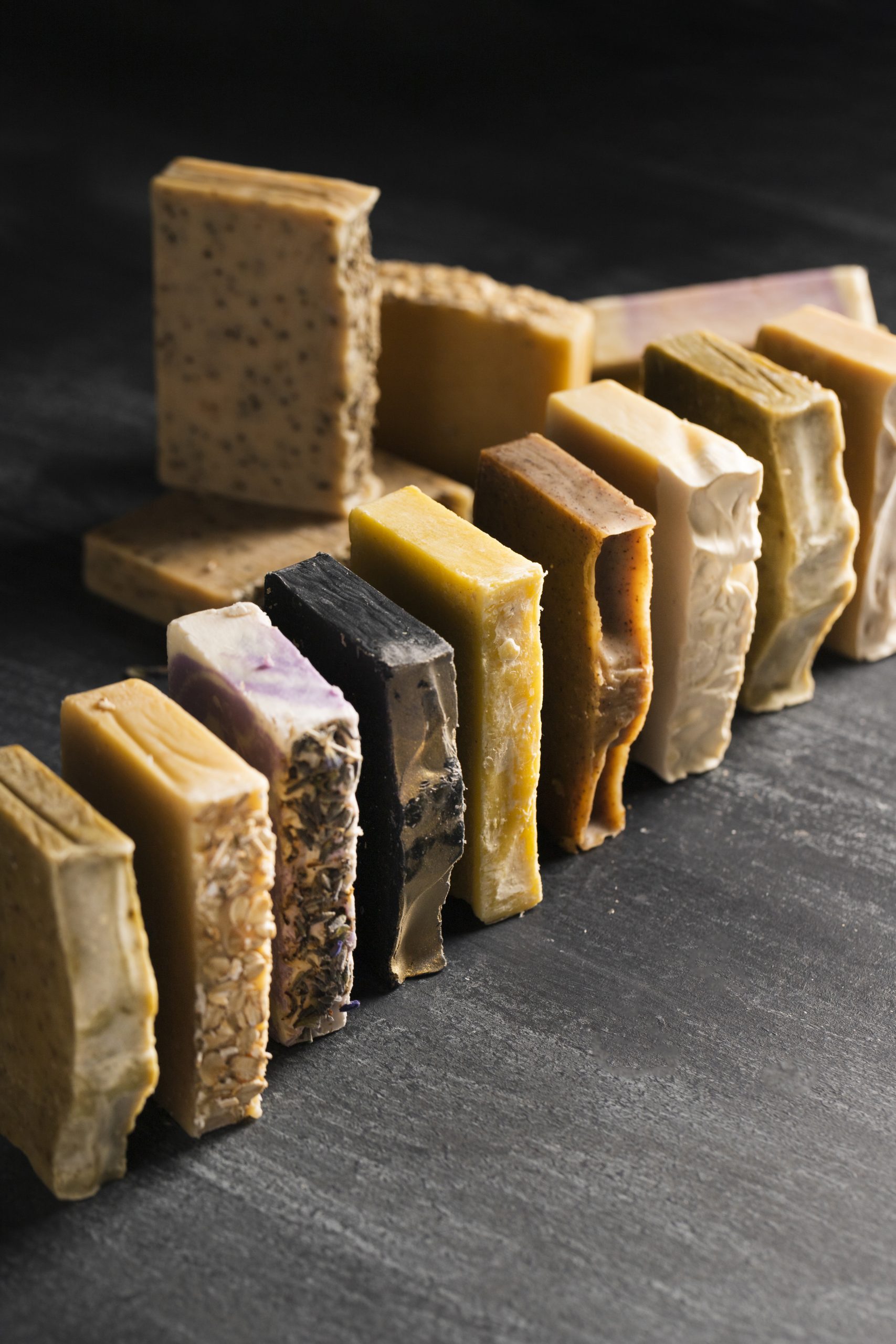 high-angle-various-soap-aligned-table